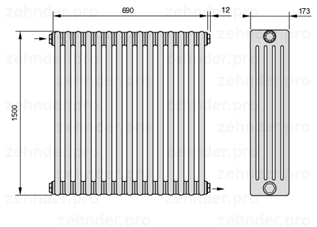 Схема (чертеж) Радиатор Zehnder Charleston 5150/15 №1670 Белый глянцевый RAL 9016